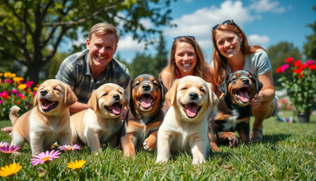 Duck Retriever puppies with their owners