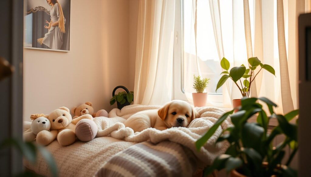 a puppy in a comfortable environment