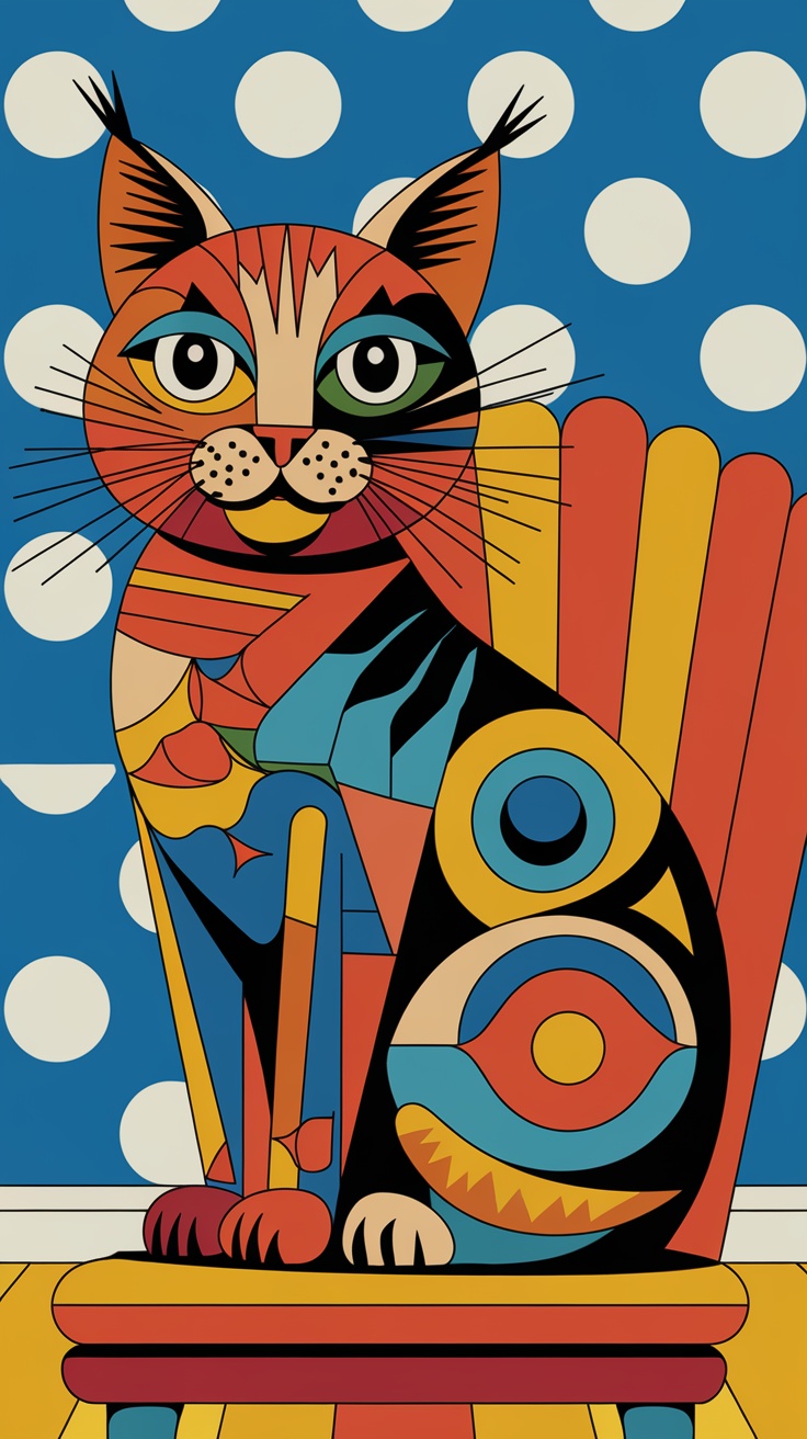 Colorful artistic illustration of a cat sitting on a chair with polka dots in the background