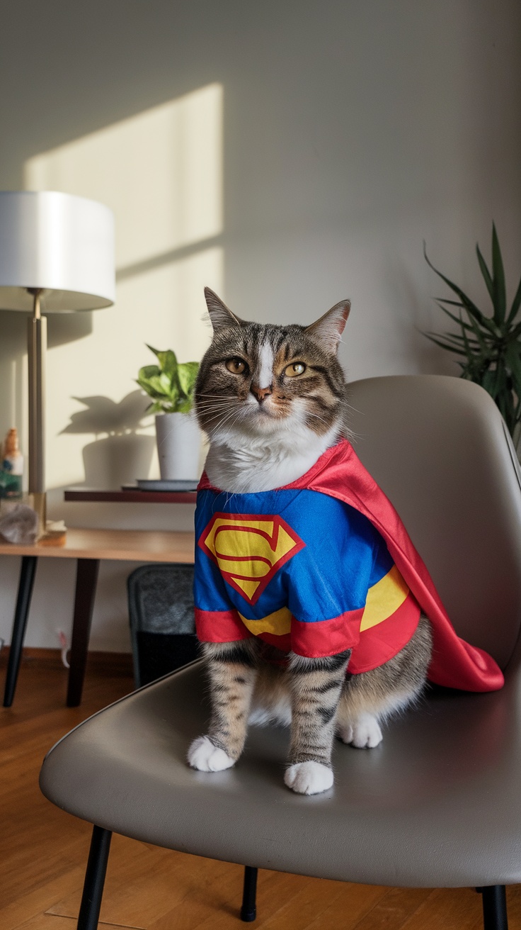 A cat in a superhero costume sitting on a chair, ready to save the day.