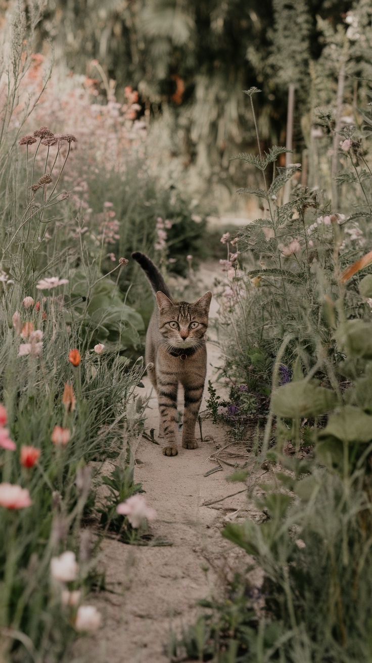 A tabby cat walking through a colorful garden filled with flowers.