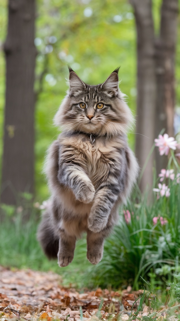 A Maine Coon cat mid-air amongst flowers and greenery