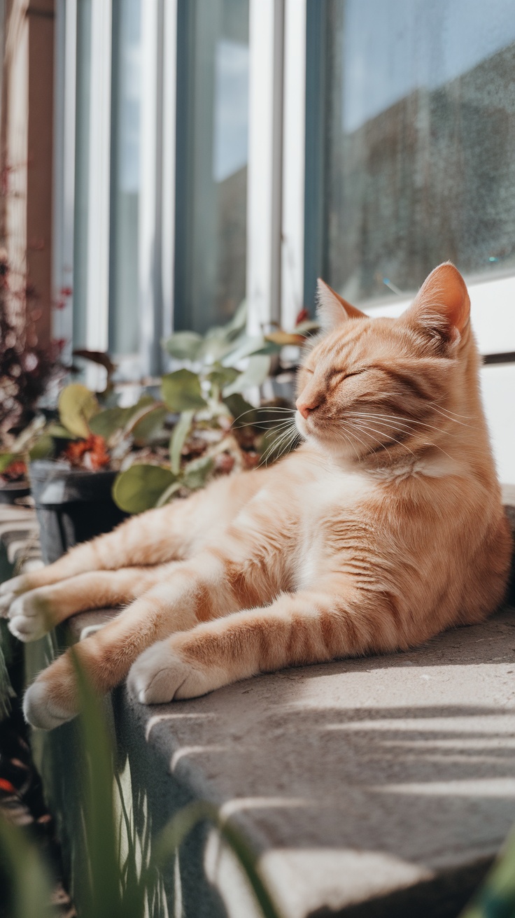 An orange tabby cat relaxing on a stone ledge in a sunlit area with plants around.