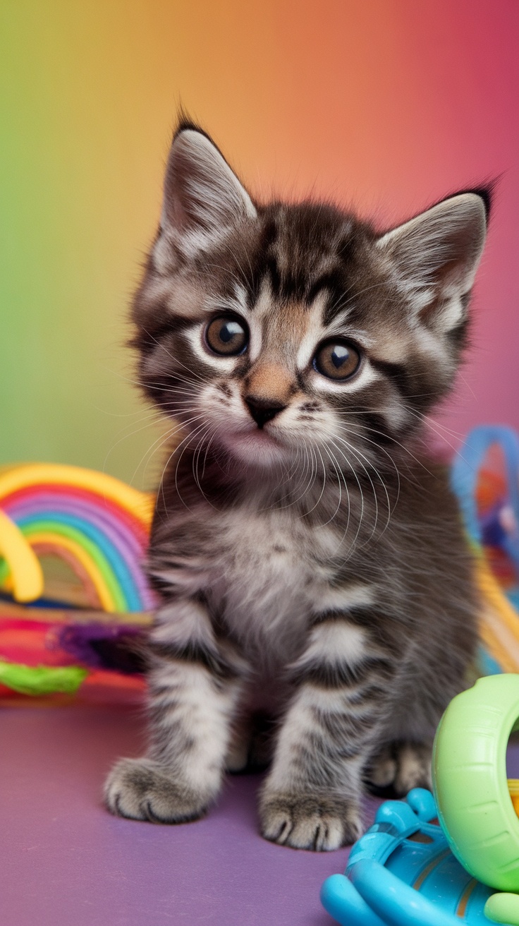 A playful kitten with big eyes and a colorful background, showcasing the charm of cat profile pictures.